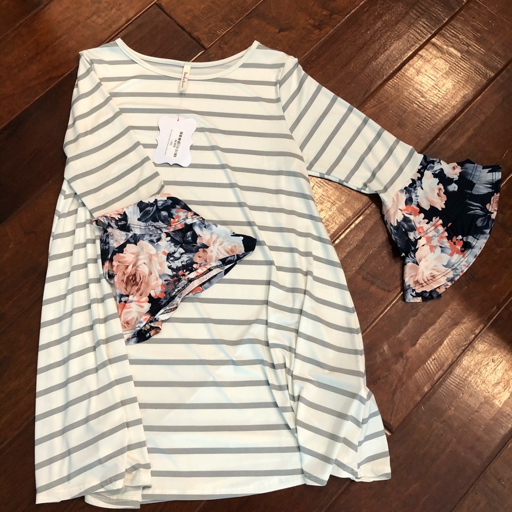 Striped Grey Tunic Top Navy Floral Bell Sleeves